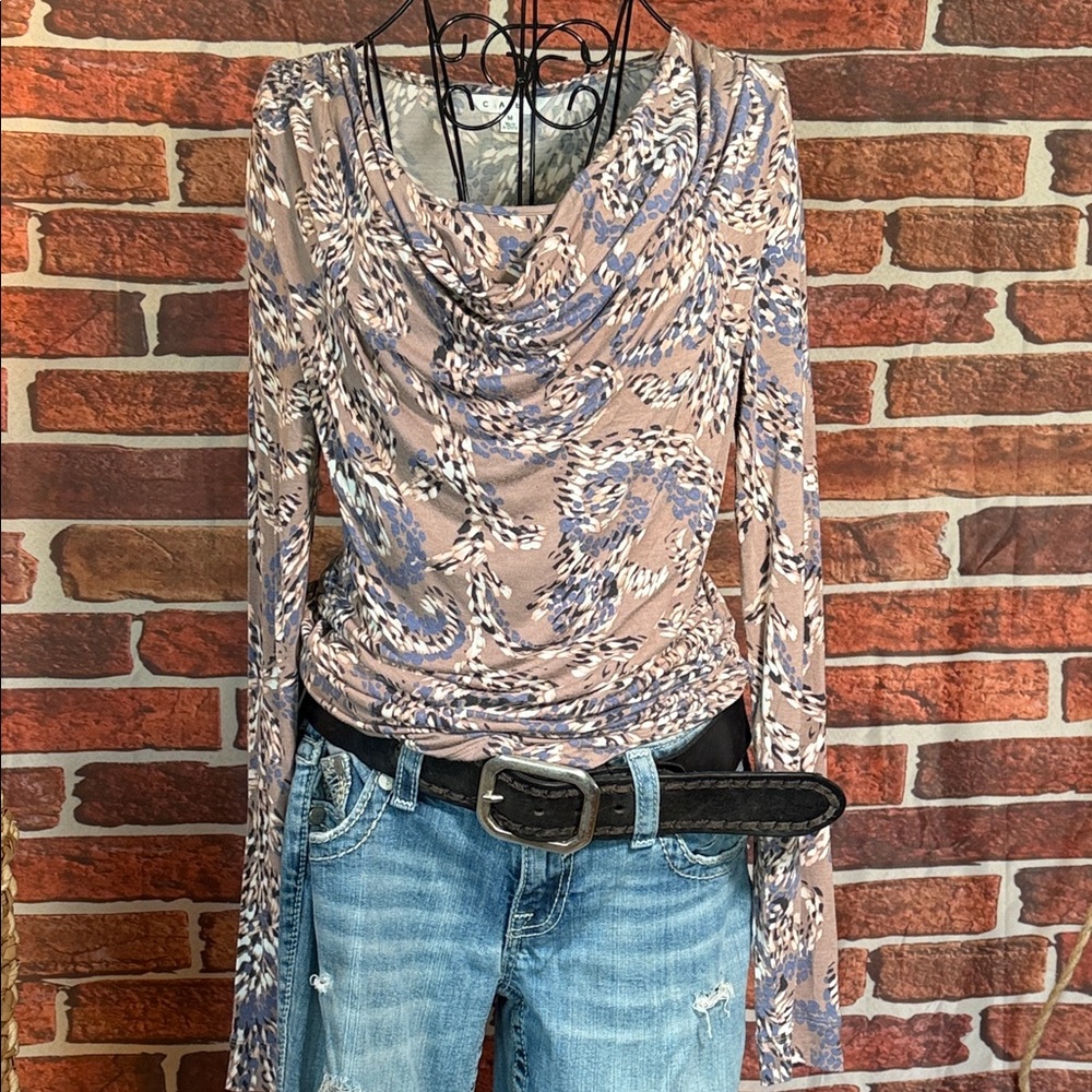 👚 Cabi Blush Floral Cowl Neck Ruched Top Rayon NWOT M/L / I